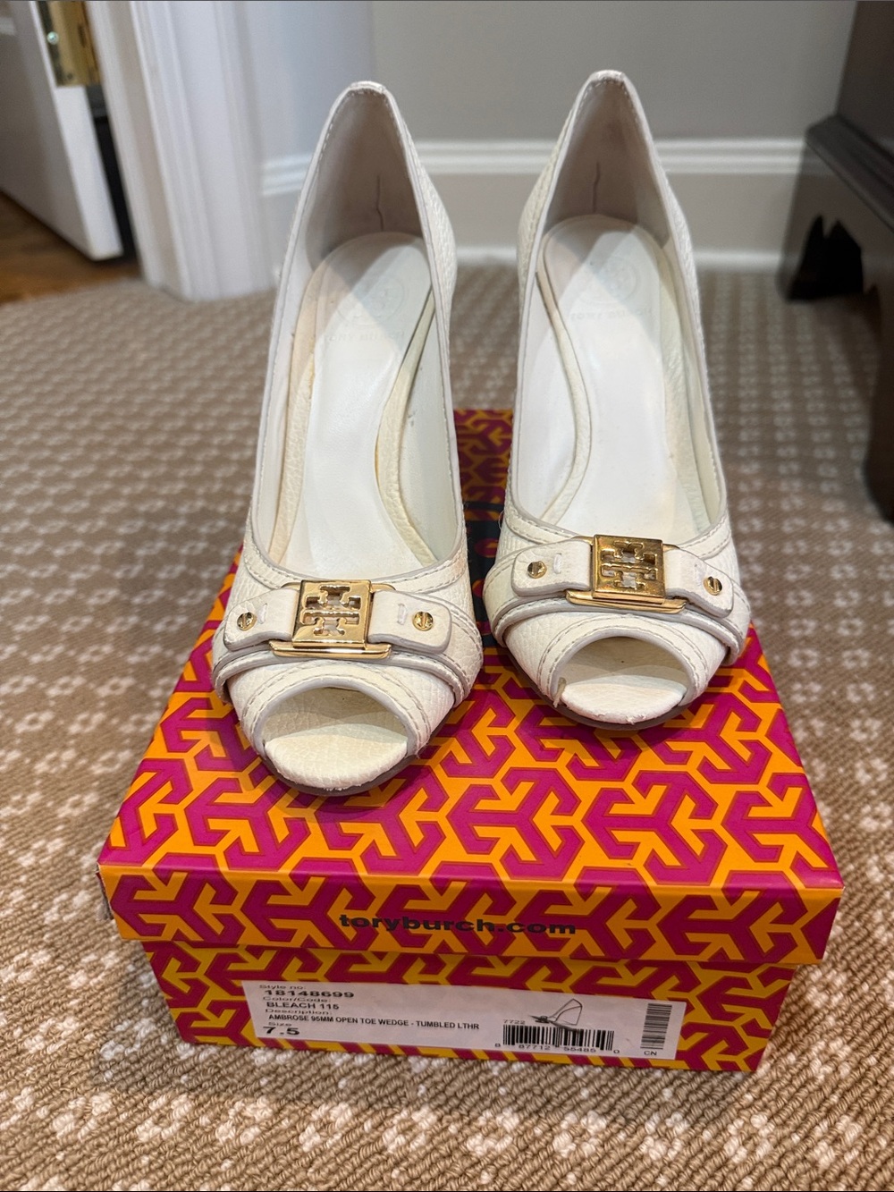 Tory Burch Cream Peep-Toe Heels with Gold Logo Accent